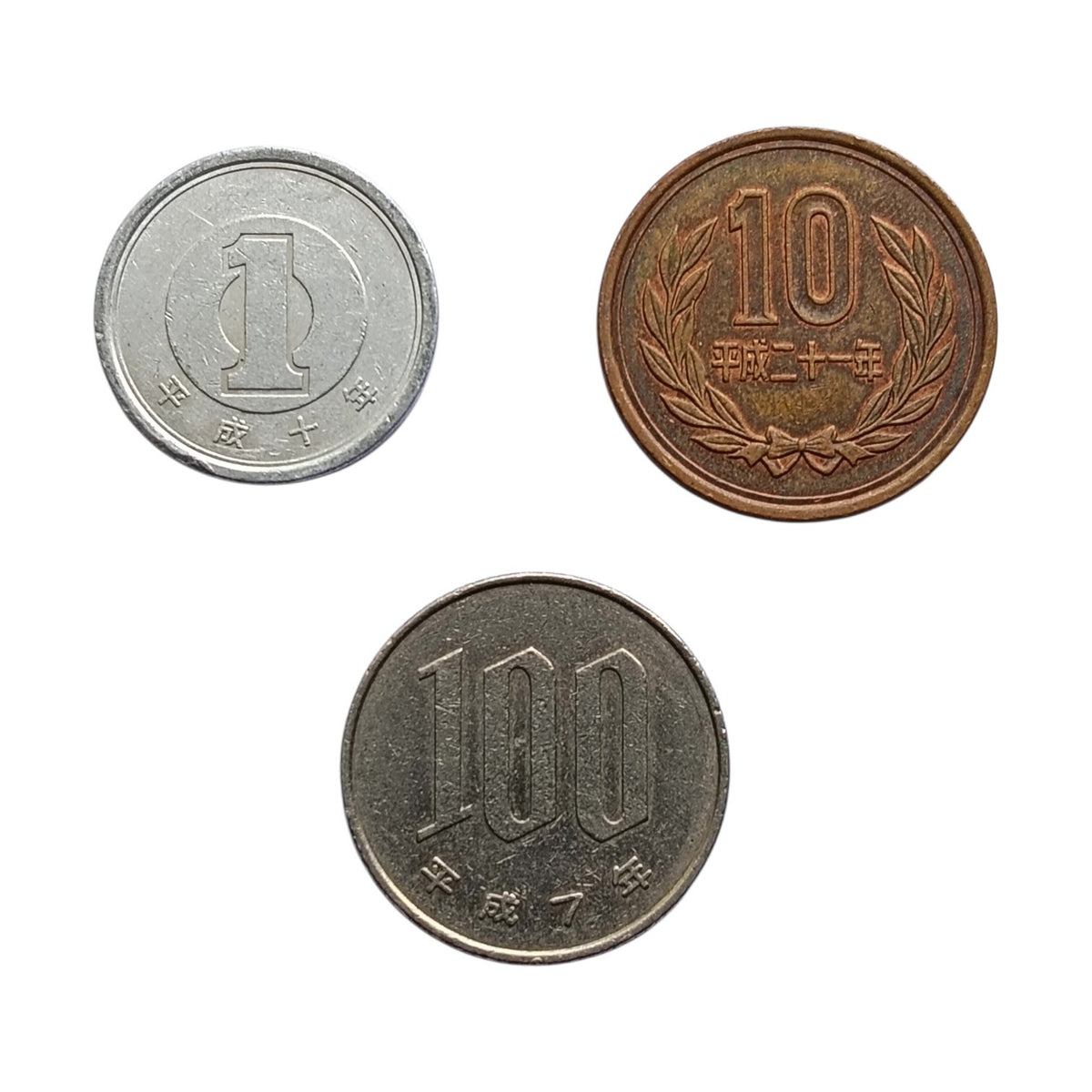 Japan set of 3 coins (1 yen, 10 yen & 100 yen)