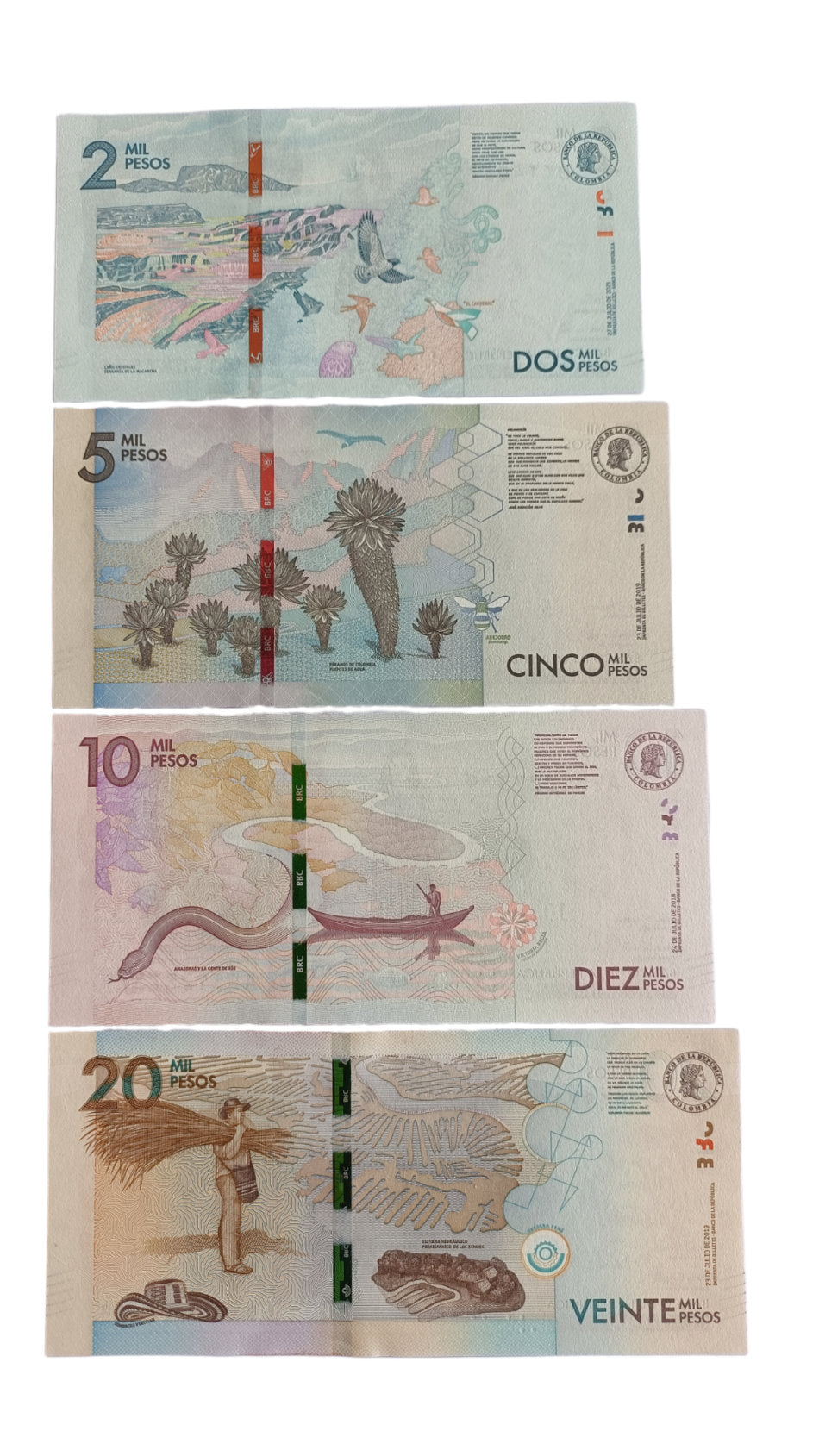 Colombia Set of 4 Notes (2000, 5000, 10000, 20000) Pesos