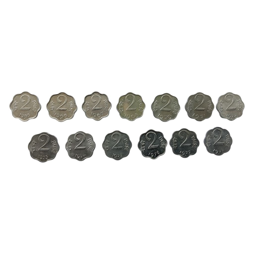 1965 to 1978 2 Paise UNC lot - 13 Coins - Year Wise Except - 1969 & 1979