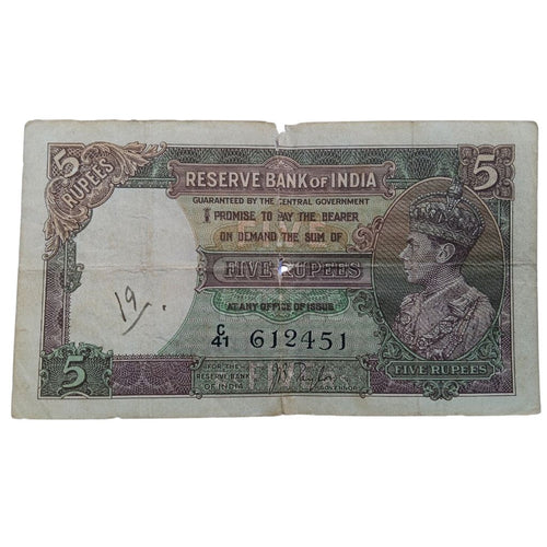 1937 British Indian 5 Rupees Note - J.B. Taylor