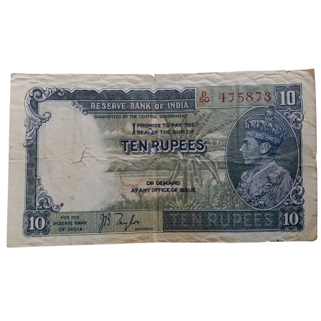 1937 British Indian 10 Rupees Note - George 6th King