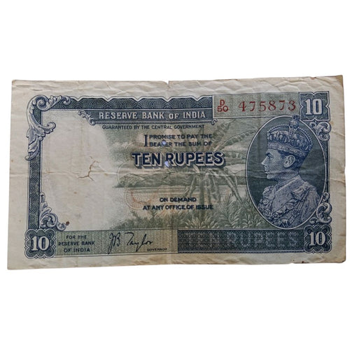 1937 British Indian 10 Rupees Note - George 6th King